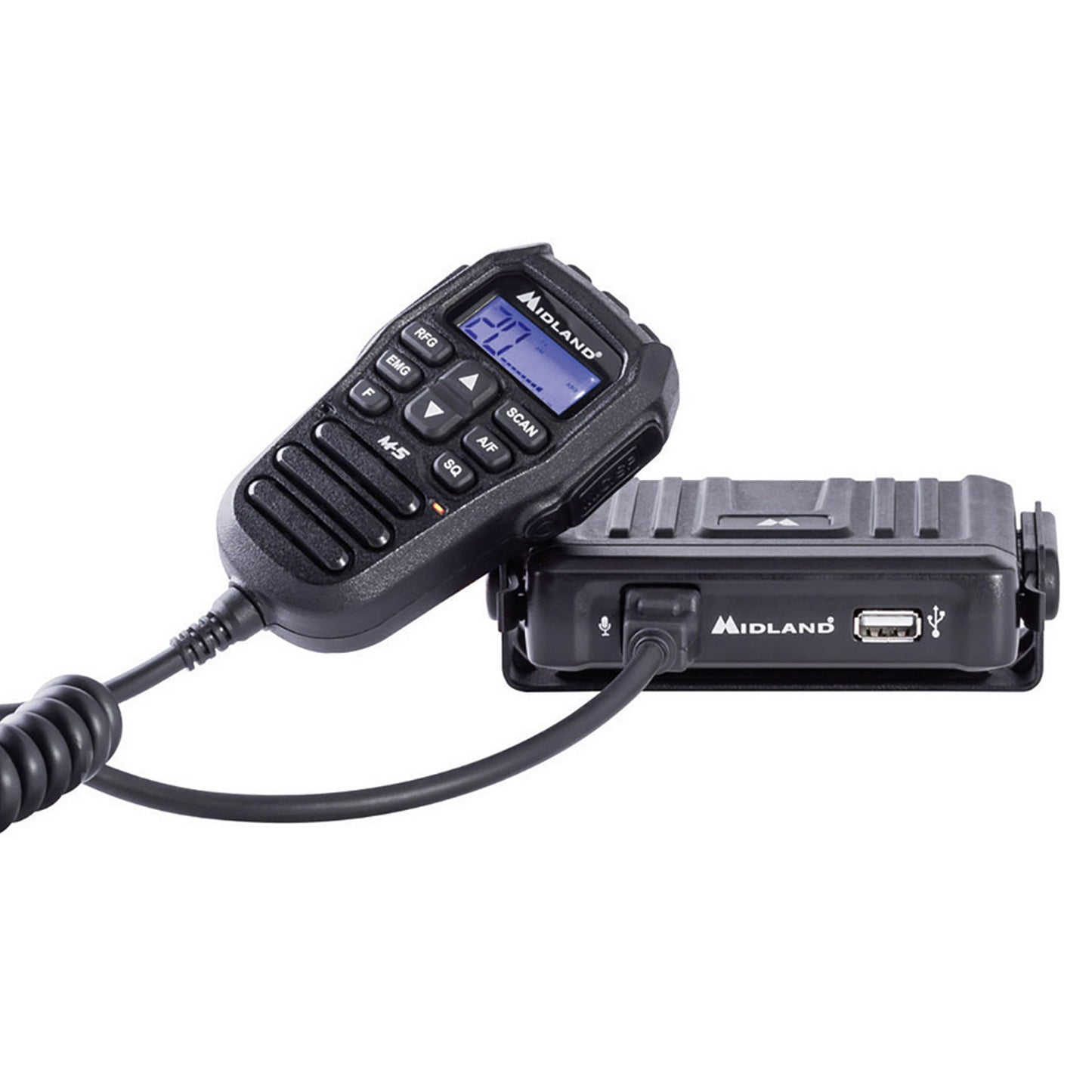 Midland M-5 CB Émetteur-récepteur radio multibande 40 canaux AM/FM pour véhicule, émetteur-récepteur compact avec commandes sur le microphone avec écran LCD, prise Kenwood 2 broches et USB