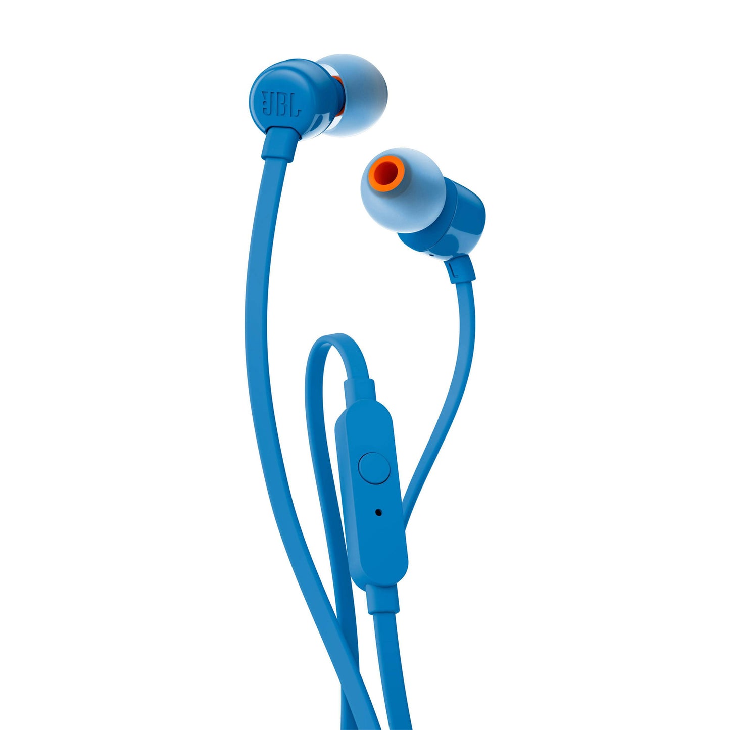 JBL T110 Écouteurs intra-auriculaires avec microphone, câble plat anti-nœuds, commande à un bouton, son JBL Pure Bass, bleu