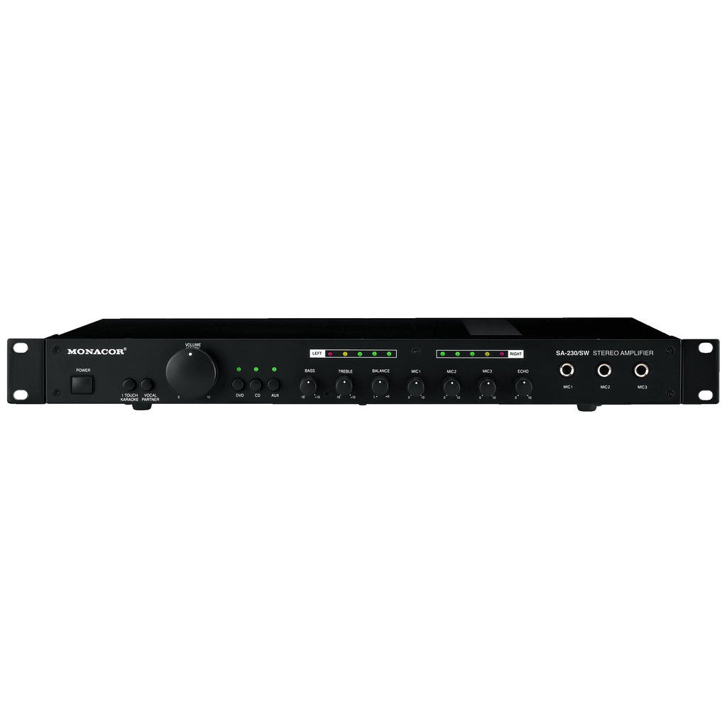 Monacor Amplificatore stereo universale, amplificatore mixer stereo, amplificatore audio stereo, amplificatore audio, funzione karaoke e partner vocale