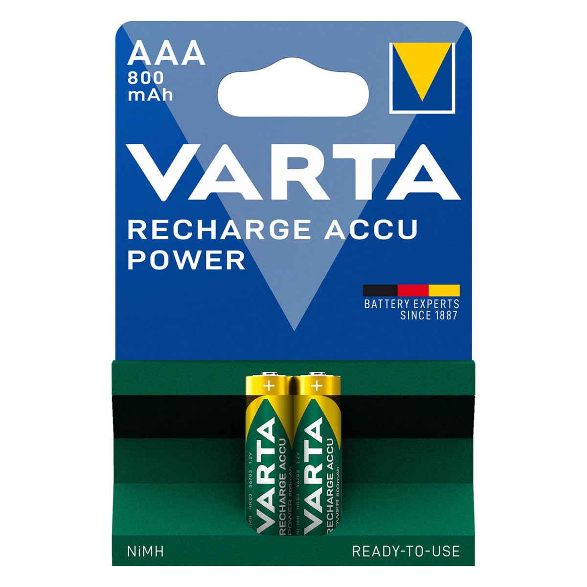 VARTA Batterie ricaricabili AAA Rechargeable 800mAh Ready2Use precaricata Micro Ni-Mh, pacco da 2, pronta all'uso