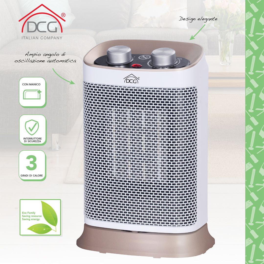DCG Stufa con elementi riscaldanti oscillanti in ceramica, design elegante, stufetta elettrica con termostato regolabile