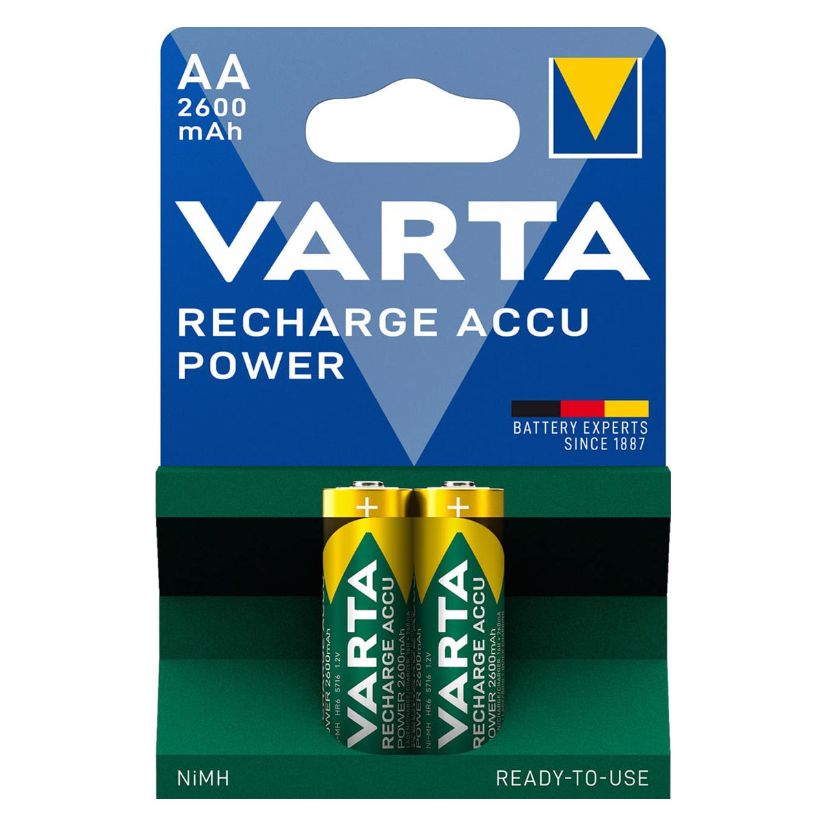 Piles rechargeables VARTA AA Rechargeable Accu Ready2Use préchargées Mignon Ni-Mh pack de 2 2600mAh - rechargeables sans effet mémoire, prêtes à l'emploi