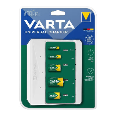 Varta Caricabatterie universale per AA, AAA, C, D e 9V, caricatore per pile ricaricabili con indicatore LED