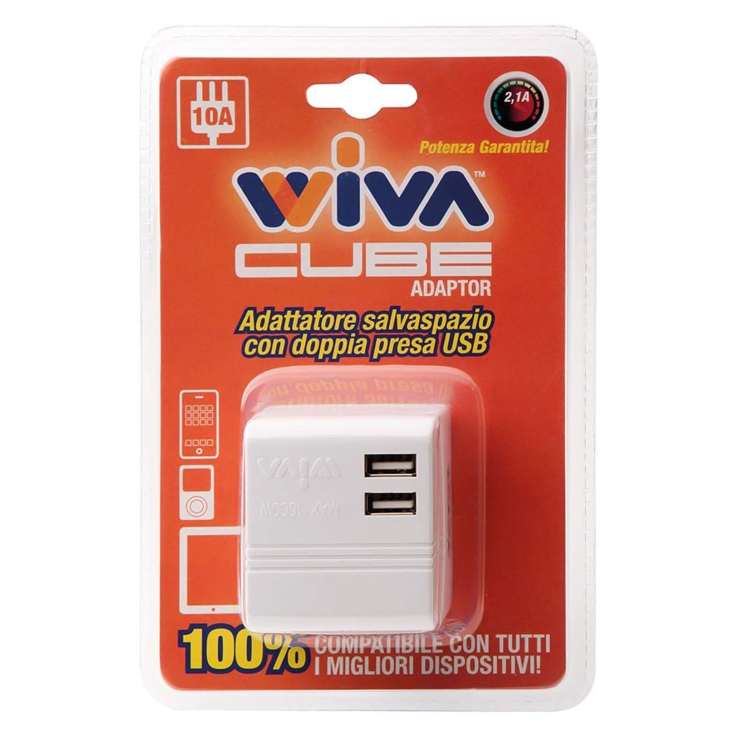 Wiva Cube Adapter Space-saving adapter with 2 16A 2P+T Standard Bipass sockets and two USB ports, Max 1500W
