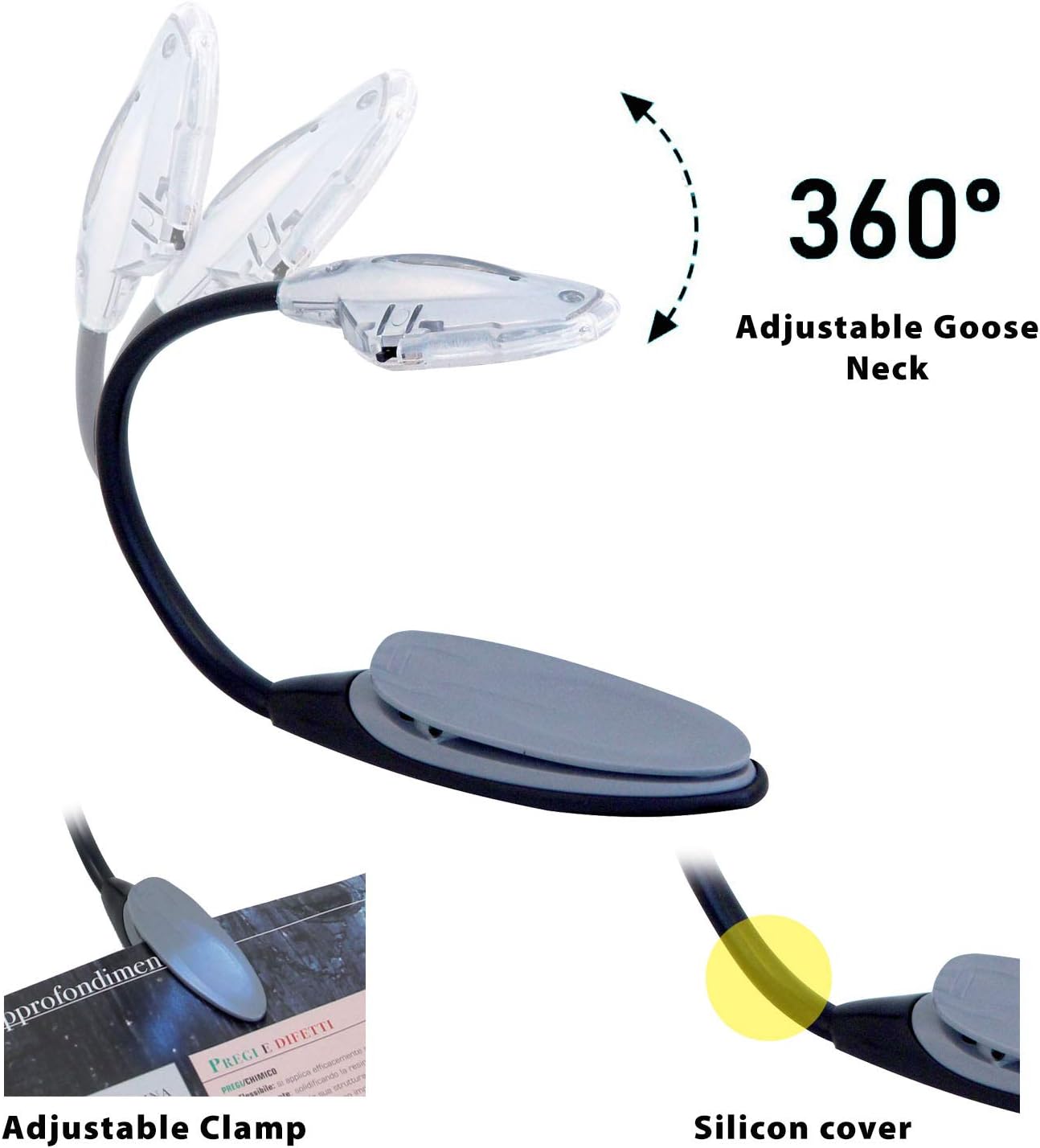 Velamp LED reading lamp, with flexible arm and universal clip, book light, reading light for books