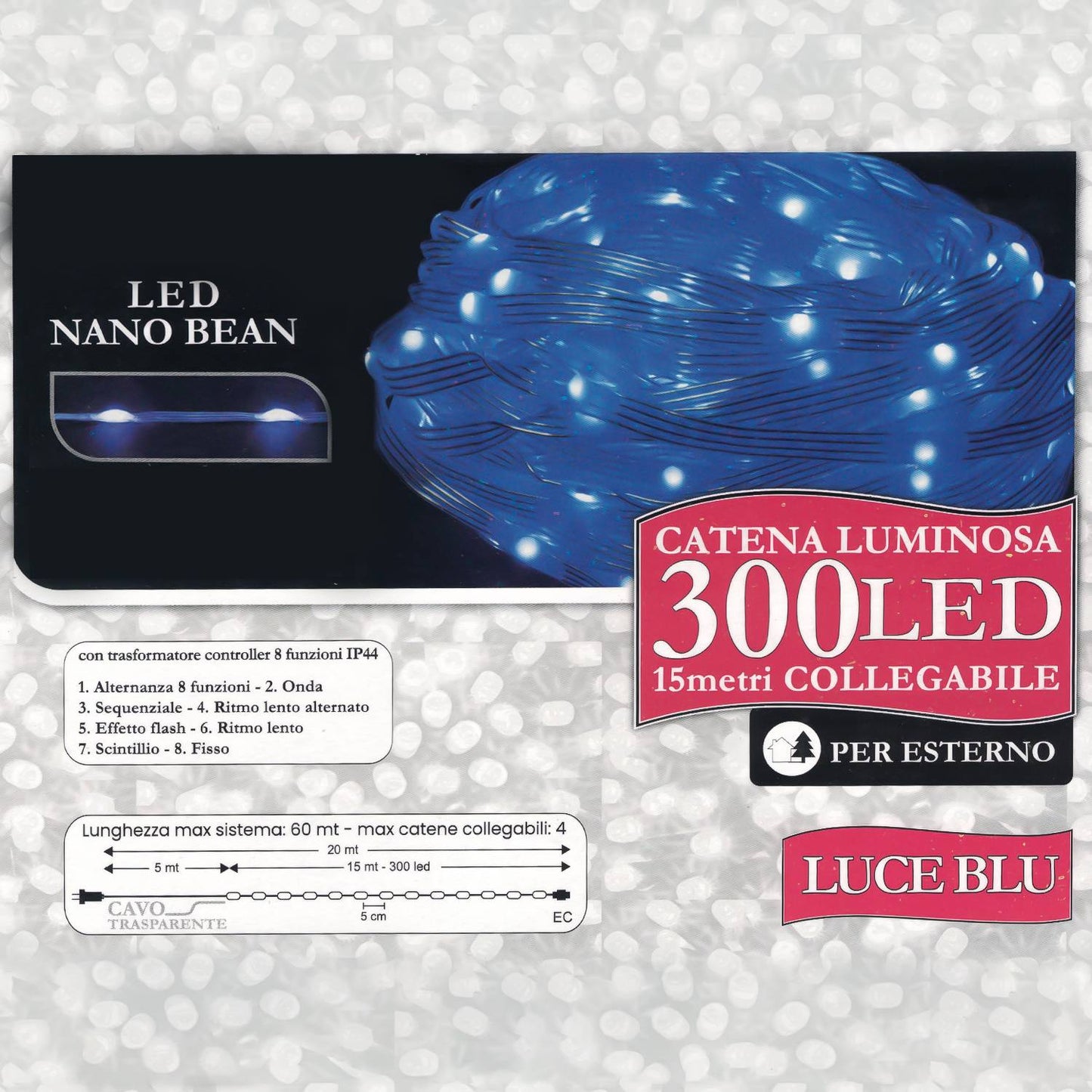 Decoled Outdoor String Lights 300 LED Blue Light, LED Nano Bean IP44 Modular Christmas Lights, Waterproof Light Decorations, Transparent Cable