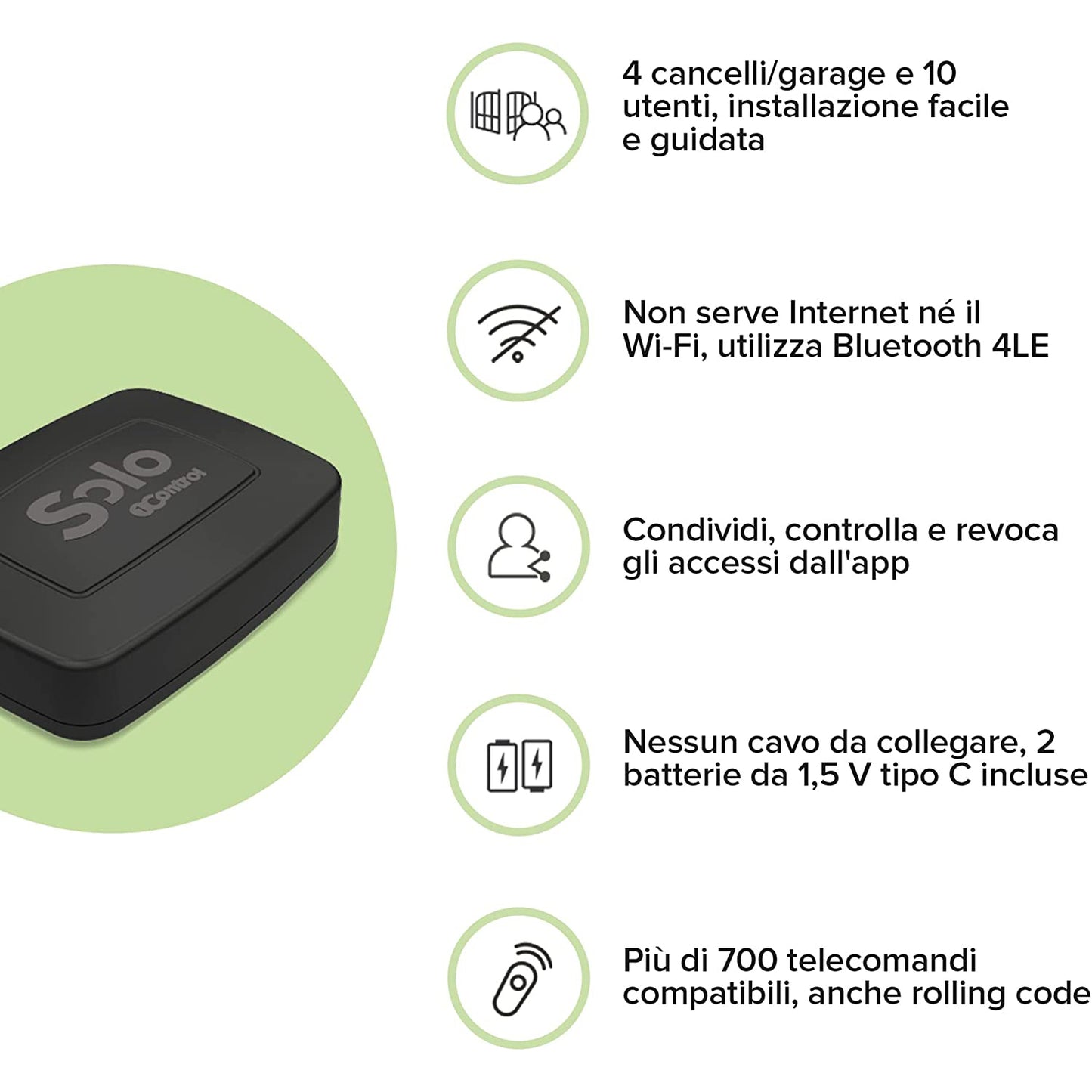 1Control SOLO 2 GEN, Apricancello Bluetooth senza Fili per Telefono/Smartphone per Aprire Cancelli e Porte Garage Controllati da Telecomando, x4 Cancelli e fino a 10 Utenti, Nero, Made in Italy