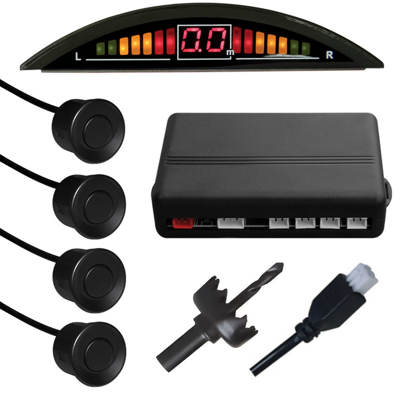 Alcapower 970051 Kit de 4 capteurs de recul, affichage numérique avec indicateurs LED et avertissement sonore, câble de 15 mètres, unité de commande intégrée