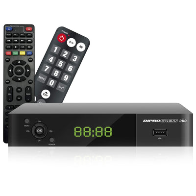 DIPROGRESS DPT207HD DVB-T2 Hevc 10 bit decoder, digital terrestrial receiver with two 2 in 1 universal remote controls, USB port, HDMI, Scart, black