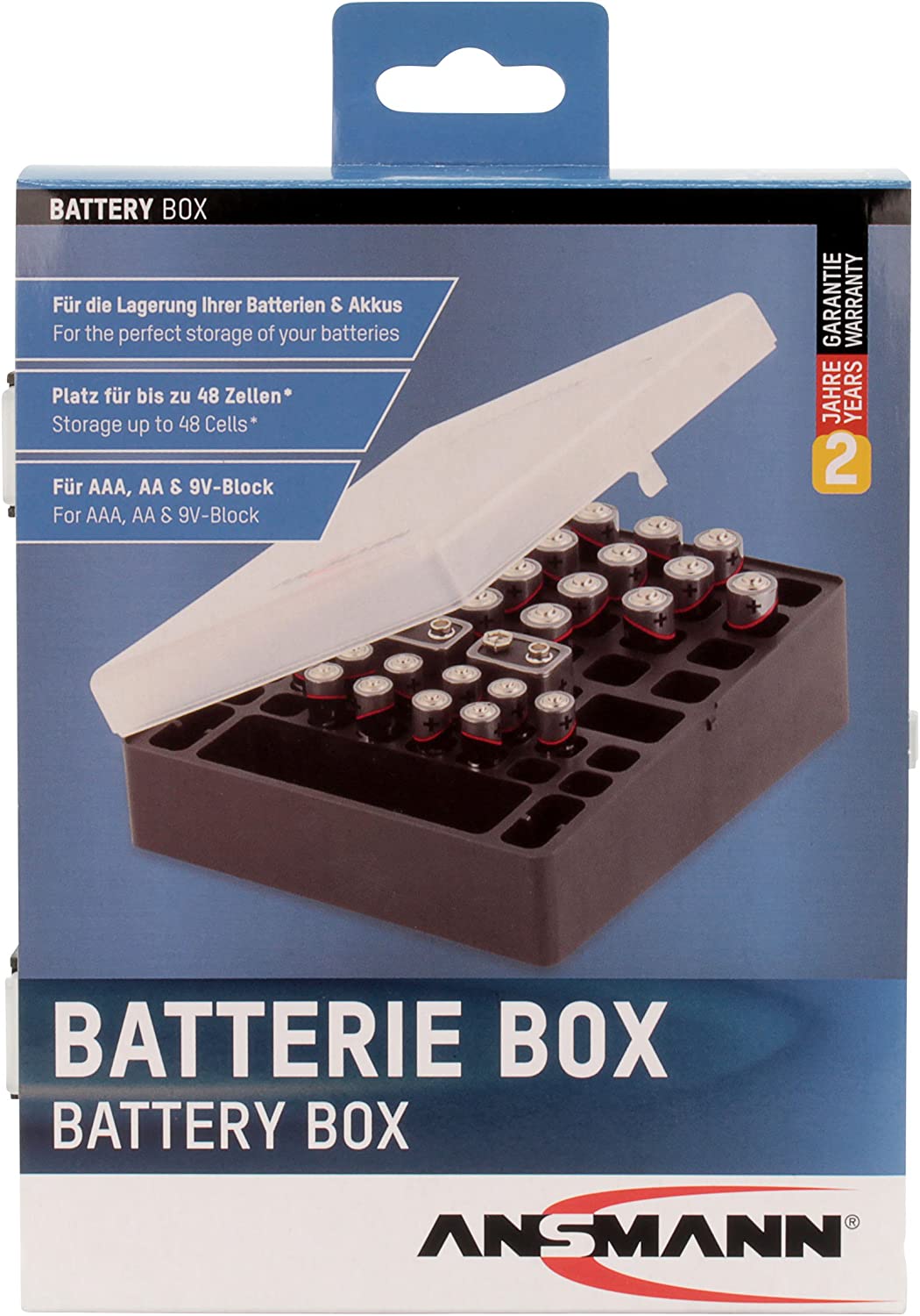 Ansmann Boîtier de piles 24x AA, 20x AAA et 4x 9V, boîtier de piles, boîte avec couvercle, organisateur de piles, organisateur pour 48 piles