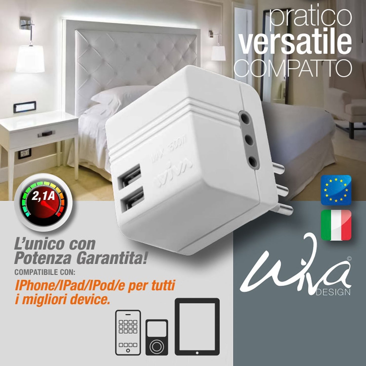 Wiva Cube Adapter Space-saving adapter with 2 16A 2P+T Standard Bipass sockets and two USB ports, Max 1500W
