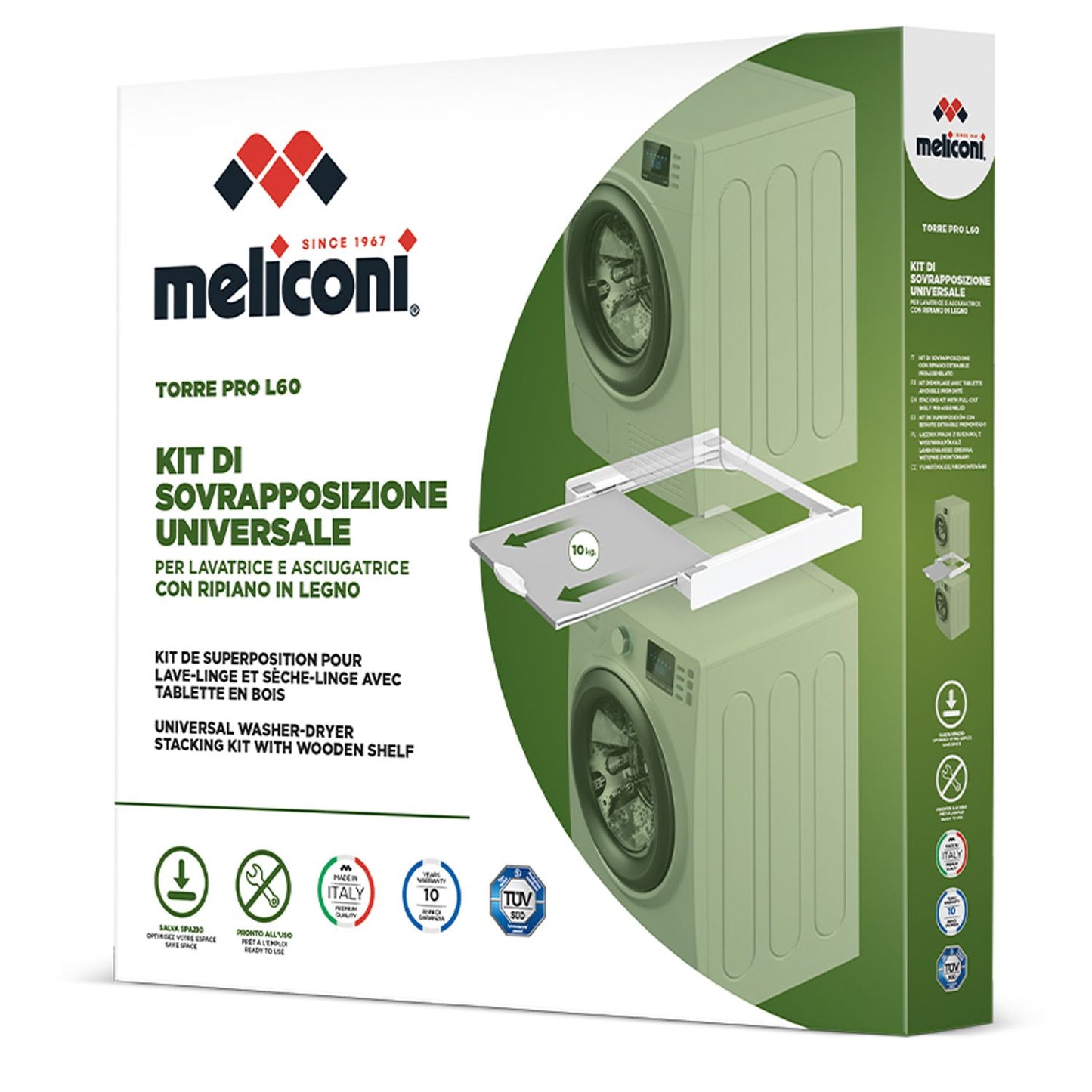 Meliconi Kit di sovrapposizione universale per lavatrice e asciugatrice con ripiano estraibile e cinghia di sicurezza inclusa, made in Italy