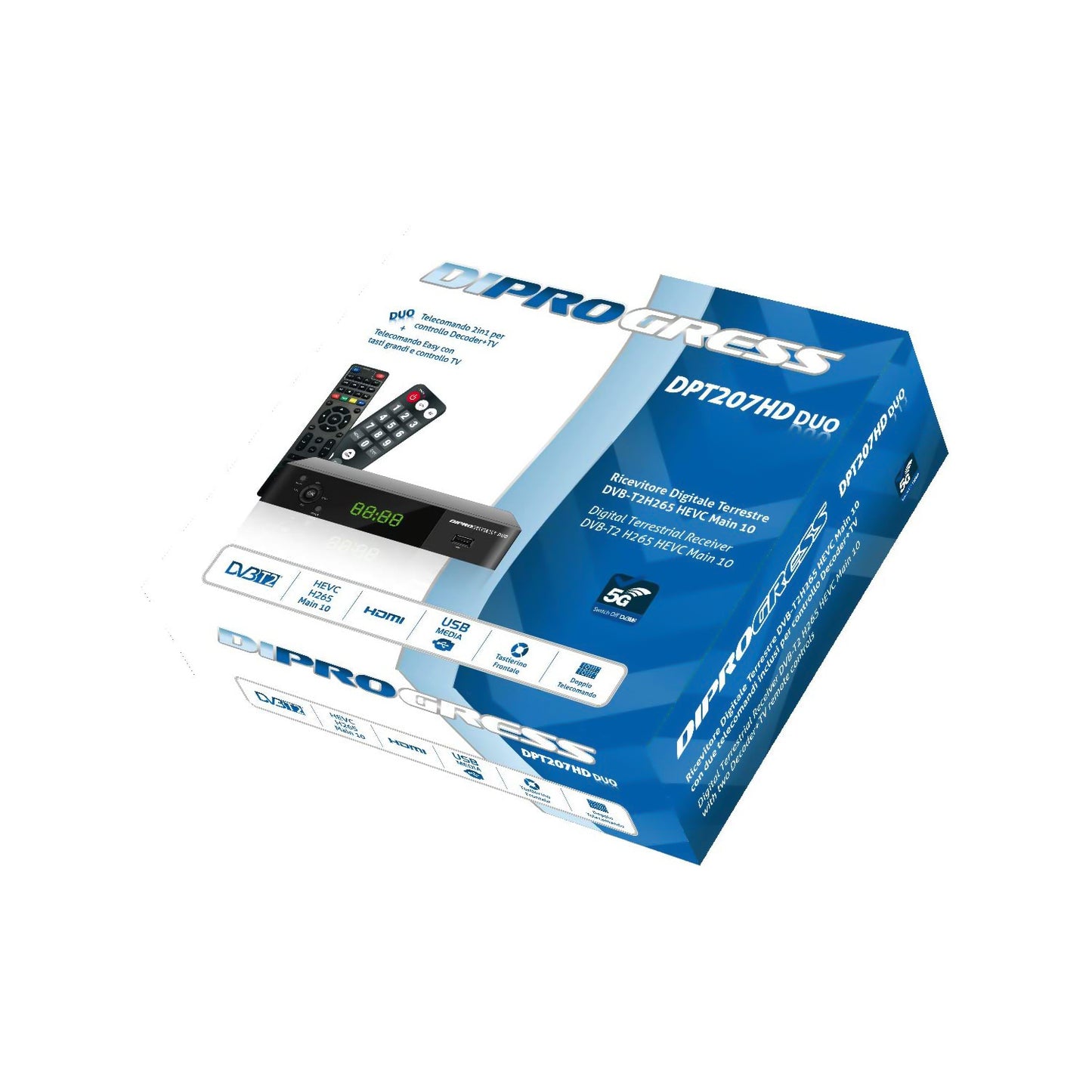 DIPROGRESS DPT207HD DVB-T2 Hevc 10 bit decoder, digital terrestrial receiver with two 2 in 1 universal remote controls, USB port, HDMI, Scart, black
