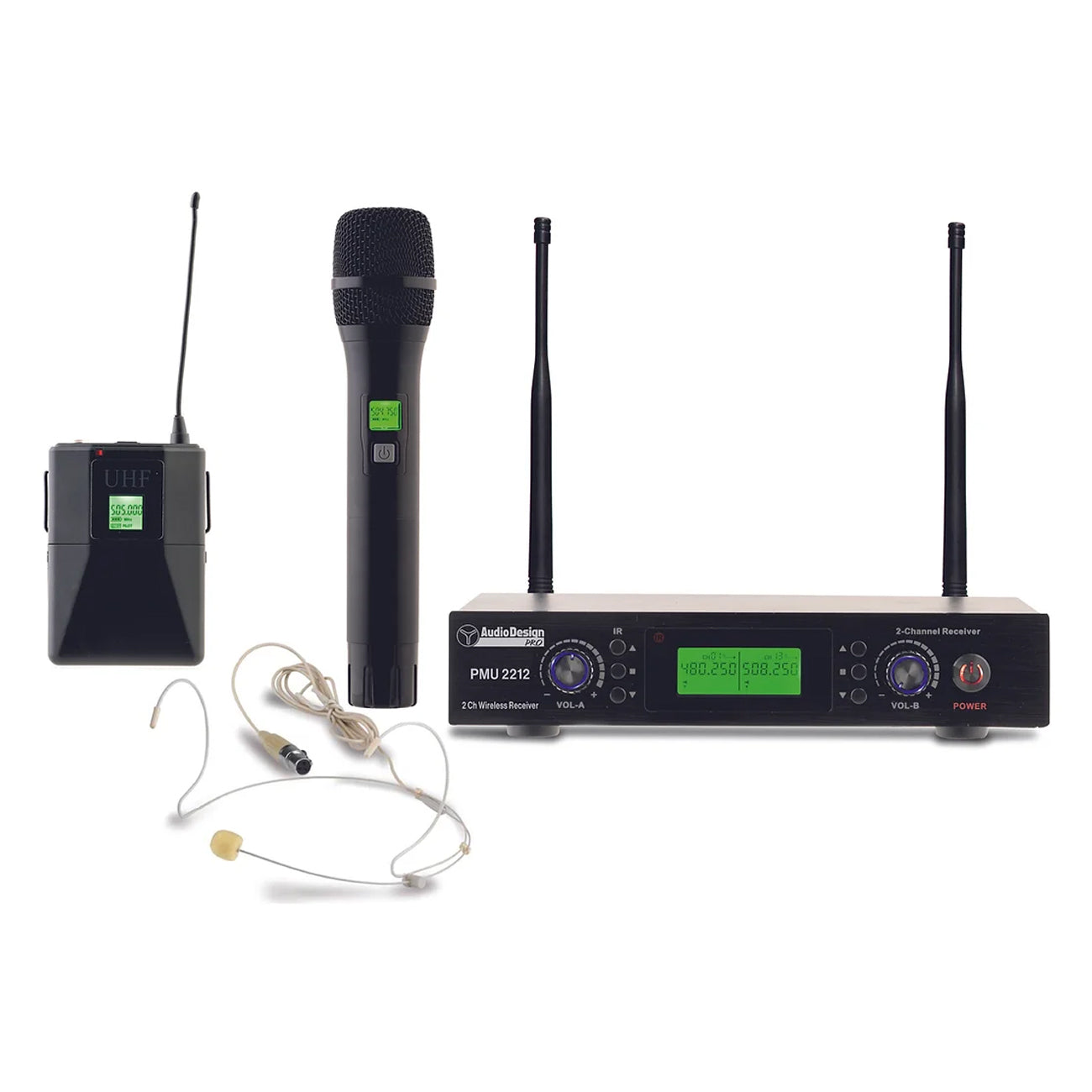 AudioDesign PRO PMU 2212HBP Ensemble d'unité de commande avec microphone à glace et microphone serre-tête UHF, kit de microphone radio portable professionnel, microphone sans fil avec body pack