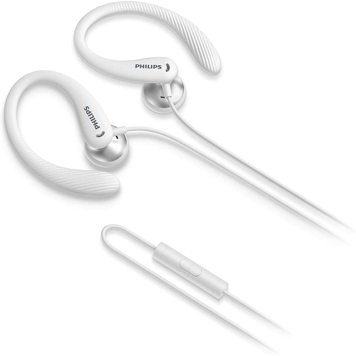 Philips Cuffie con filo per fitness e sport, auricolari con microfono, IPX2 resistenti a sudore e schizzi, supporti orecchio flessibili, comando con pulsante, bianco