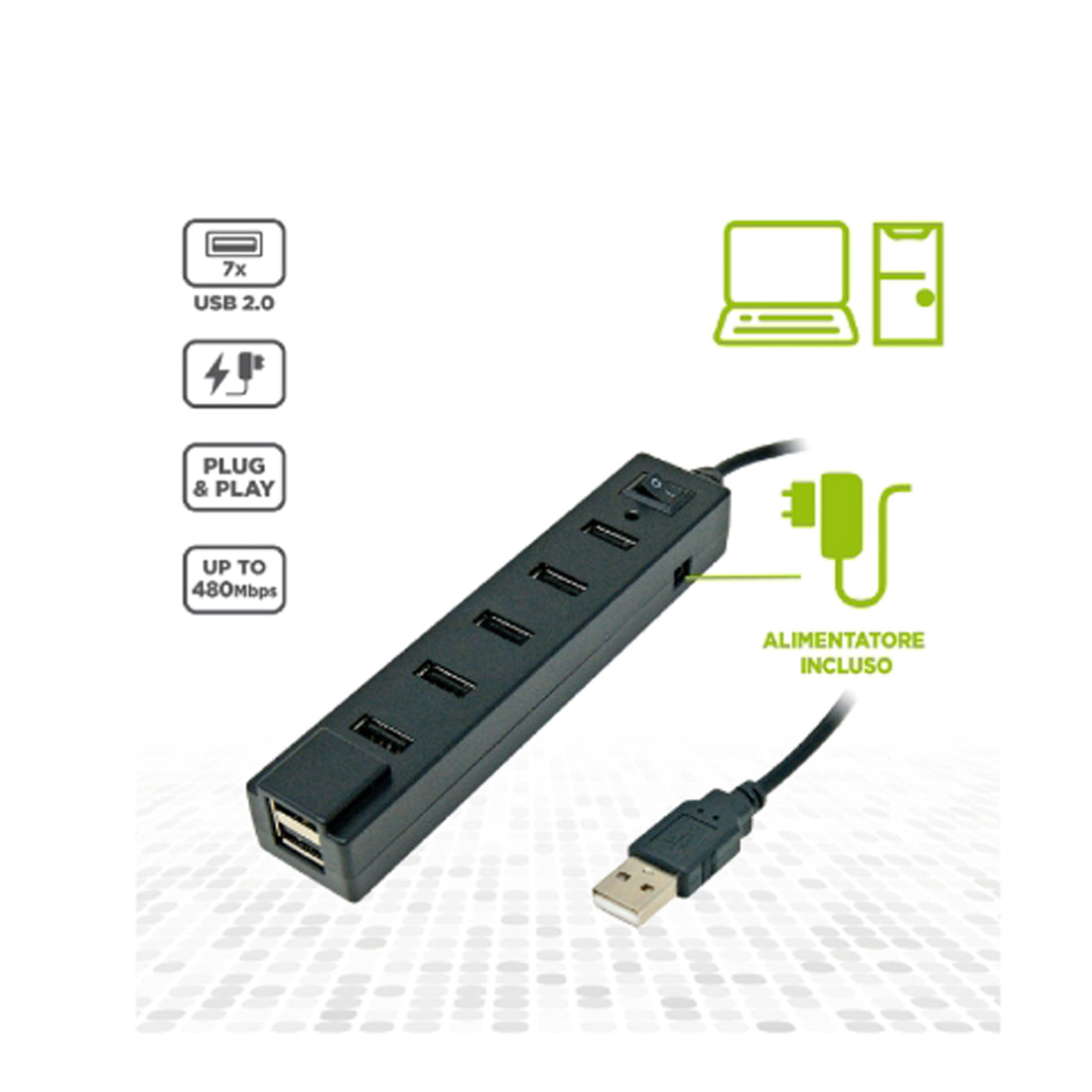 ISNATCH Active Hub, USB 2.0 Hub, 7 Port Power Supply, USB Power Adapter with On/Off Switch
