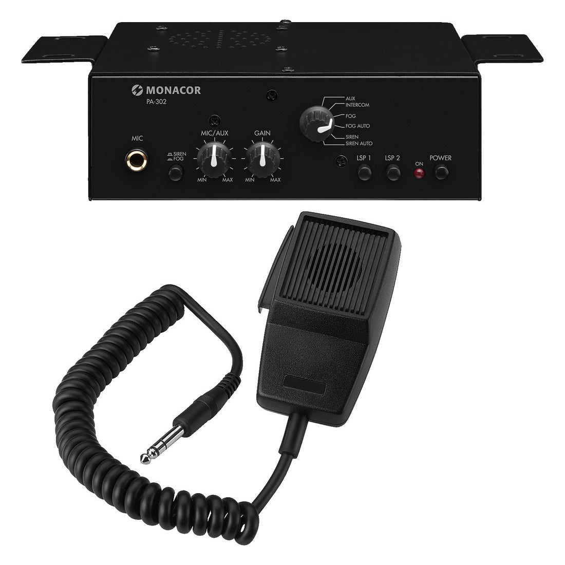 Monacor Amplificateur de mixage mono PA avec microphone portable, haut-parleur intégré, entrées RCA et jack 6,3 mm, amplificateur noir 2 canaux