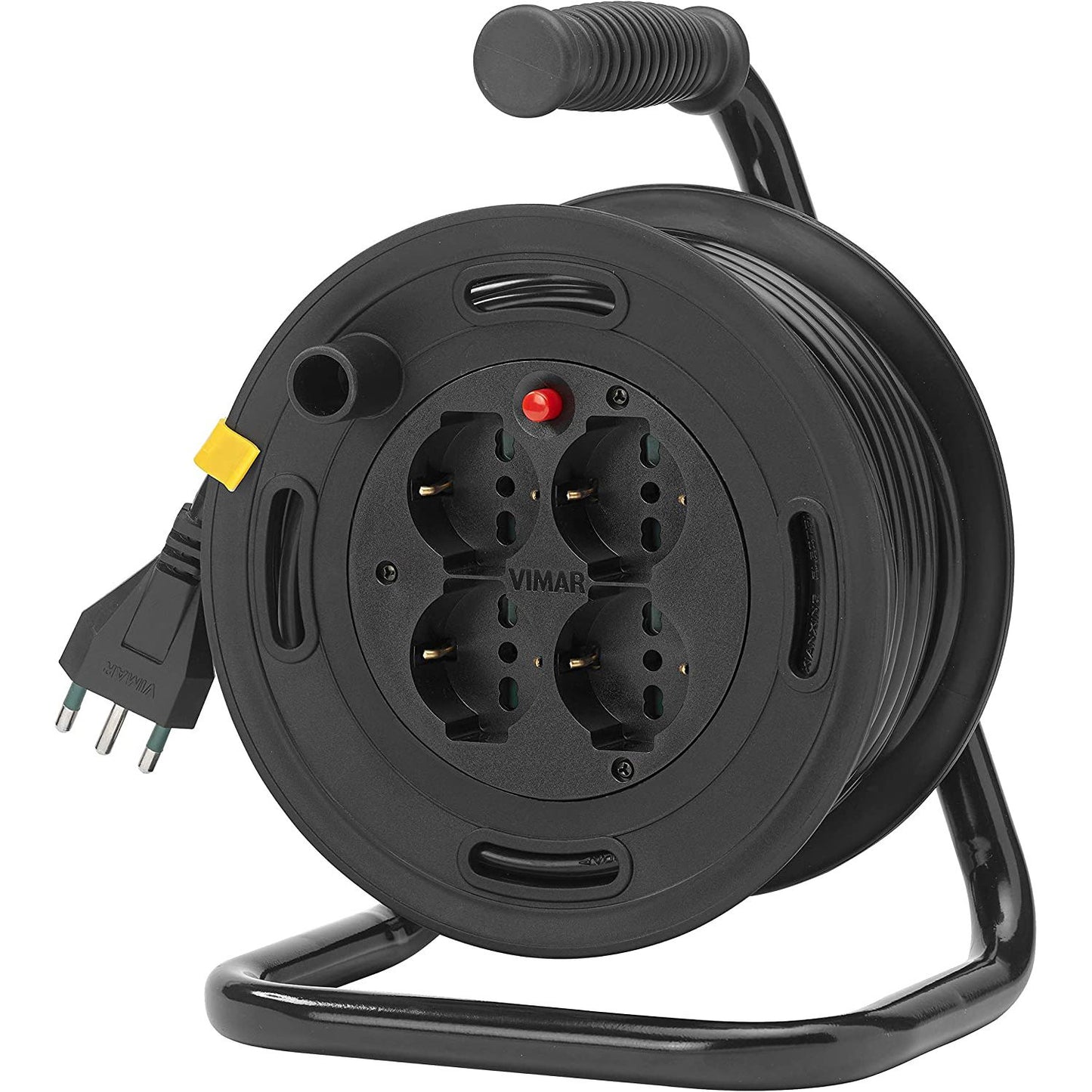 VIMAR Enrouleur de câble 16A 230V, avec fiche S17 2P+T et 4 prises universelles type P40, câble de 15m de long, disjoncteur thermique pour protection contre les surcharges