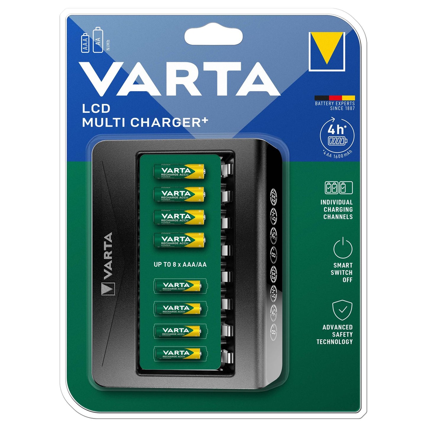 Varta Caricatore per AA e AAA, 8 slot, carica pile ministilo e stilo in 4 ore, schermo LCD con percentuale di carica