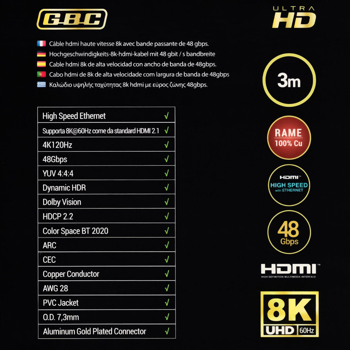 GBC Cavo HDMI 2.1 da 3 metri, supporta 8K a 60Hz, velocità ultra elevata 48 Gbps con ethernet , connettori placcati in oro