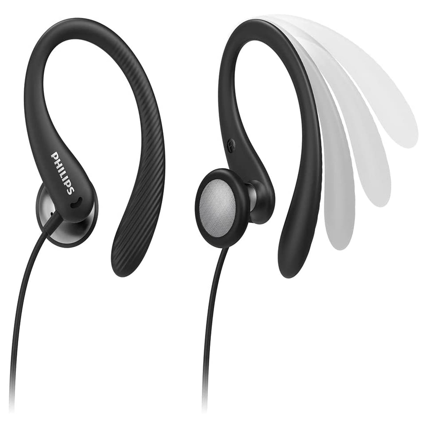 Philips Cuffie con filo per fitness e sport, auricolari con microfono, IPX2 resistenti a sudore e schizzi, supporti orecchio flessibili, comando con pulsante, nero